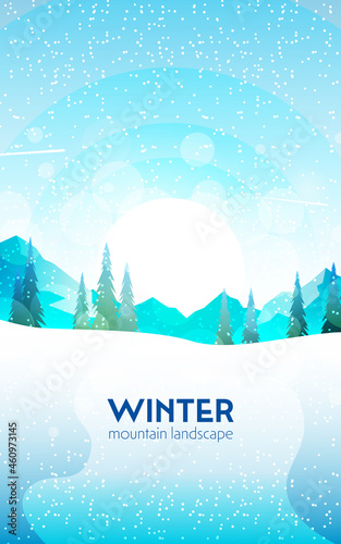 Winter landscape. Cold season. Travel concept of discovering. Nature. Hiking tourism. Adventure. Minimalist graphic flyers. Polygonal flat design for coupon, voucher, gift card. Vector illustration.