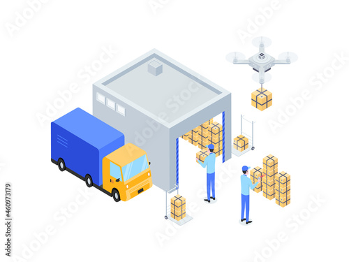 E-Commerce Warehouse Isometric Illustration. Suitable for Mobile App, Website, Banner, Diagrams, Infographics, and Other Graphic Assets.