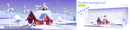 Parallax background winter 2d landscape with house and wind turbines. Cartoon vector scene with separated layers for game animation with Eco friendly home and power generation windmills in snow