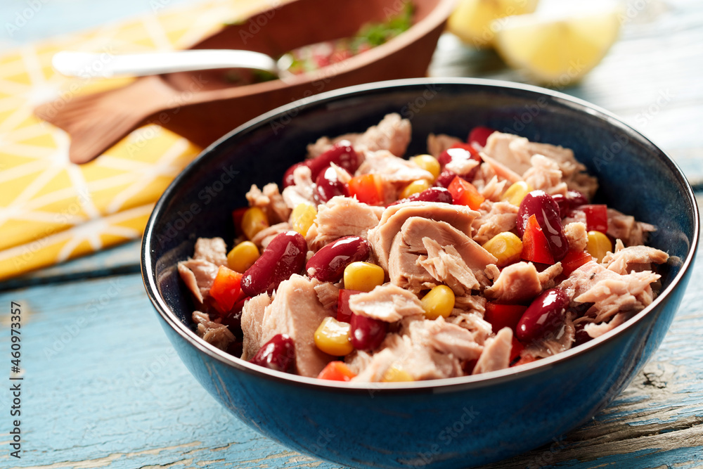 Delicious tuna salad in bowl on table Delicious tuna salad in bowl on table