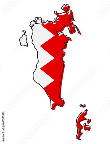 Stylized outline map of Bahrain with national flag icon. Flag color map of Bahrain vector illustration.