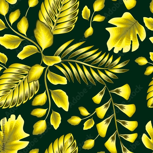 Bright summer tropical seamless pattern fashionable with abstract yellow plants monochromatic color on dark background. Vector design. Jungle print. Floral background. exotic