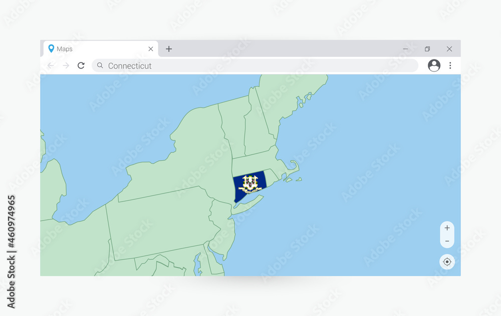 Browser window with map of Connecticut, searching Connecticut in internet. Browser window with map of Connecticut, searching Connecticut in internet.