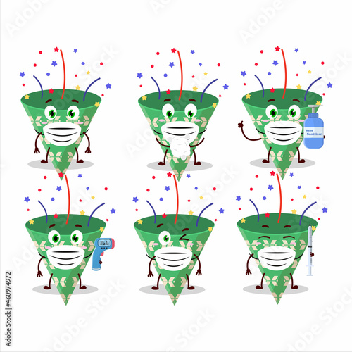 A picture of dark green party popper with confetti cartoon design style keep staying healthy during a pandemic