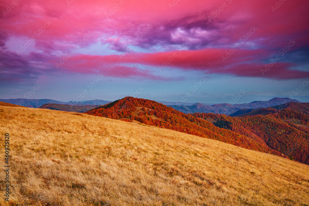 Scenic landscape in the mountains at sunset. Carpathian mountains, Ukraine.