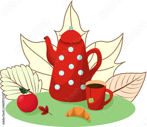 Still life illustration of tea time. Teapot and cups full of tea. With a background of autumn leaves. Vector illustration.
