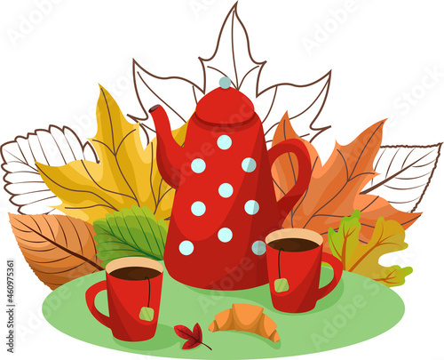 Still life illustration of tea time. Teapot and cups full of tea. With a background of bright autumn leaves. Vector illustration.