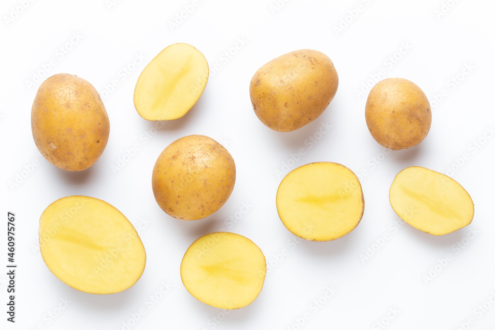Potatoes isolated on white background. Flat lay. Top view. Potatoes isolated on white background. Flat lay. Top view.