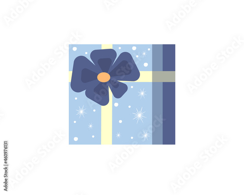 Gift, blue box decor white snowflakes and a large bow. Vector illustration isolated on a white background.