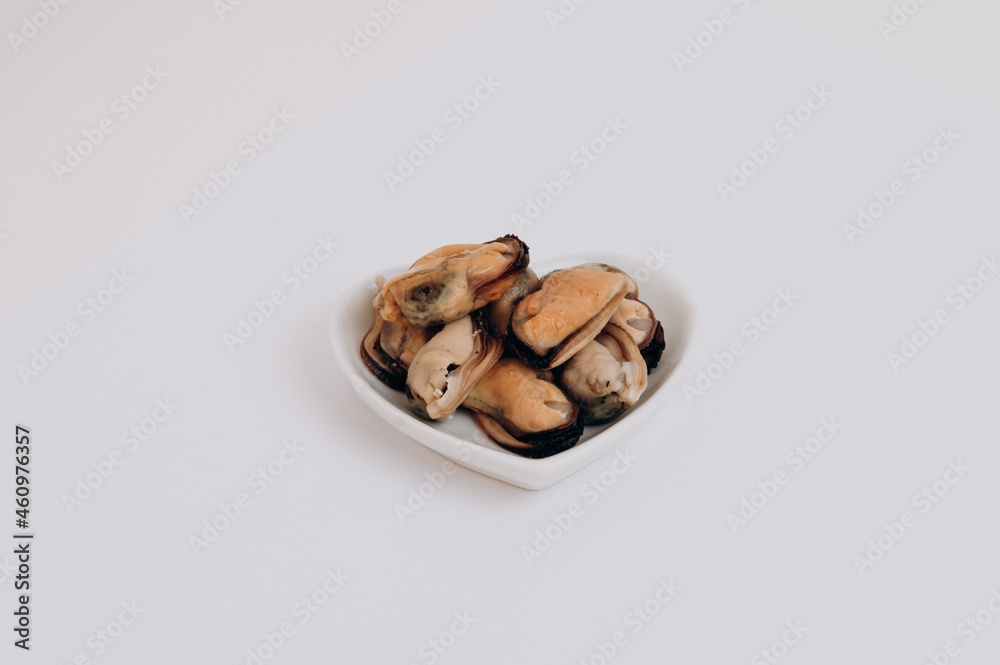 white plate of mussels on a white background white plate of mussels on a white background