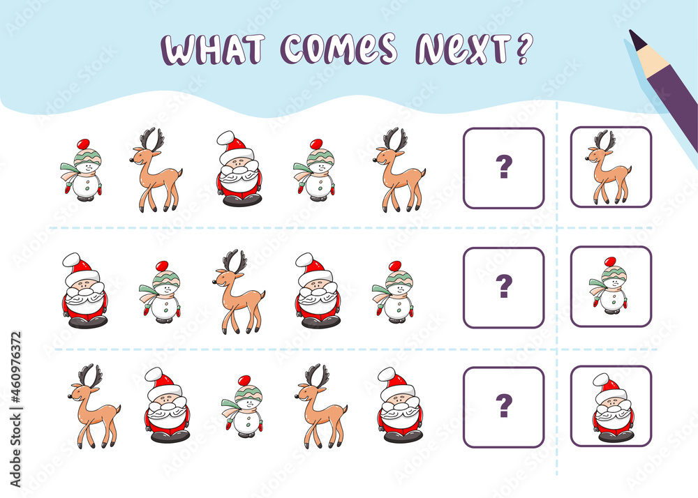 What comes next with cute handdrawn Christmas characters. Cartoon vector illustration. Logical worksheet for kids.
