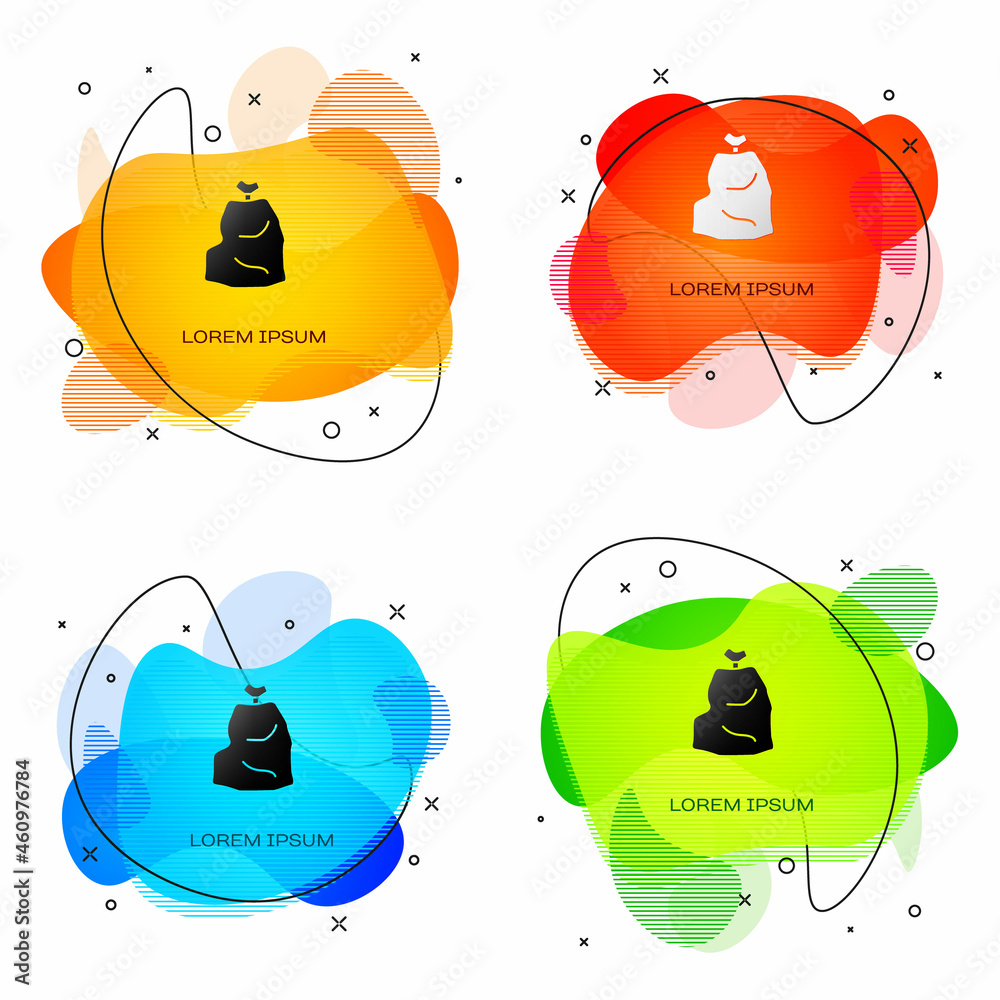Black Garbage bag icon isolated on white background. Abstract banner with liquid shapes. Vector Illustration