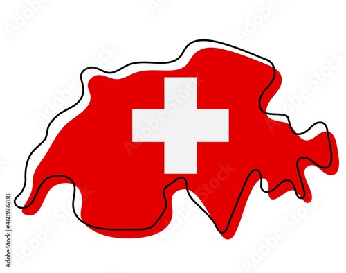 Stylized outline map of Switzerland with national flag icon. Flag color map of Switzerland vector illustration.