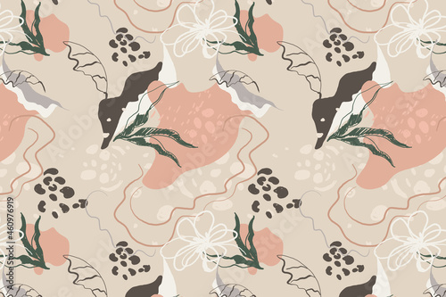 Botanical seamless pattern in the boho style. Pattern with foliage and animal stylized leopard print. Hand drawn trendy abstract illustrations.