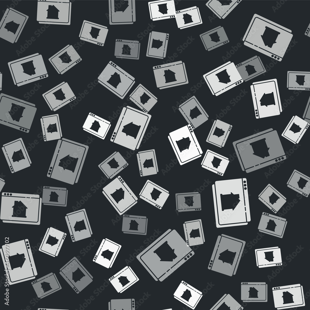 Grey Online real estate house in browser icon isolated seamless pattern on black background. Home loan concept, rent, buy, buying a property. Vector