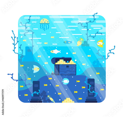 Wallpaper Mural Treasure chest on the seabed. Vector cartoon illustration in flat stile Torontodigital.ca