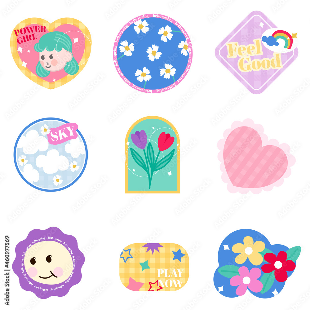 Set of spring patches, cute colourful badges, fun cartoon icons design vector