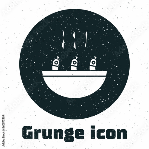 Grunge Soup with shrimps icon isolated on white background. Tom yum kung soup. Monochrome vintage drawing. Vector.