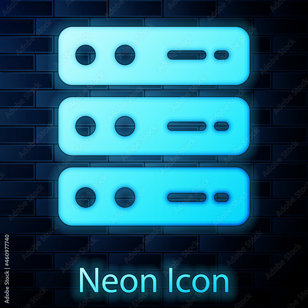 Glowing neon Server, Data, Web Hosting icon isolated on brick wall background. Vector Glowing neon Server, Data, Web Hosting icon isolated on brick wall background. Vector