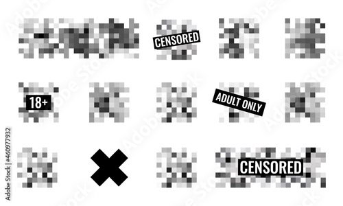 Censored pixel sign flat style design vector illustration set concept isolated on white background. Grayscale pixelated censorship square for prohibition forbidden content. photo