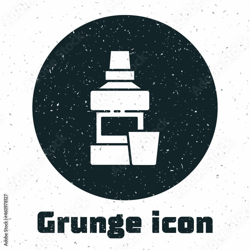 Grunge Mouthwash plastic bottle and glass icon isolated on white background. Liquid for rinsing mouth. Oralcare equipment. Monochrome vintage drawing. Vector