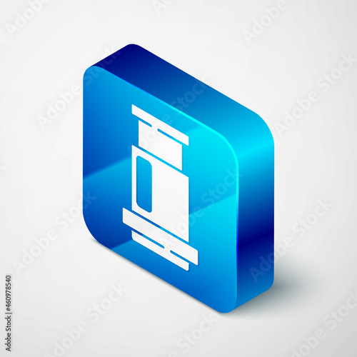 Isometric Aeropress coffee method icon isolated on grey background. Device for brewing coffee. Blue square button. Vector