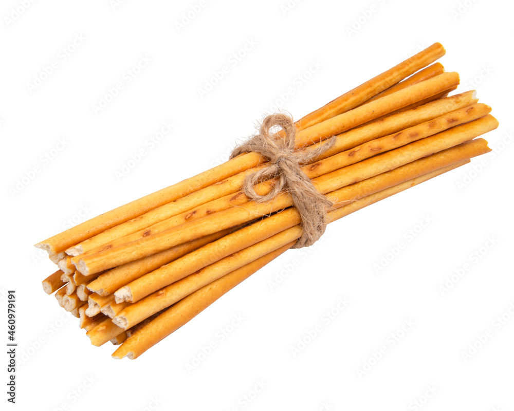 Tasty baked bread sticks with rope isolated on the white background Tasty baked bread sticks with rope isolated on the white background