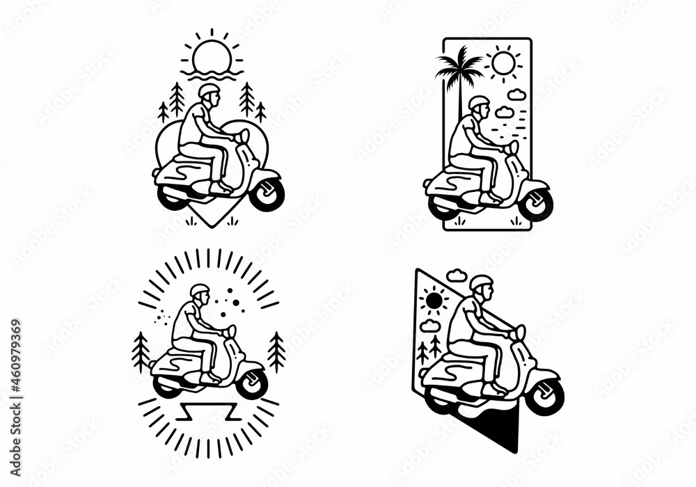 Black and white color of man riding scooter line art Black and white color of man riding scooter line art