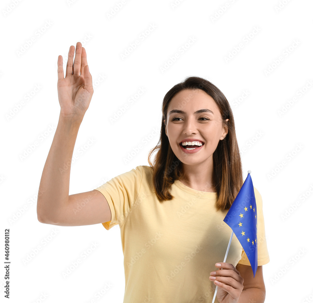 Young woman with flag of European Union on white background Stock Photo