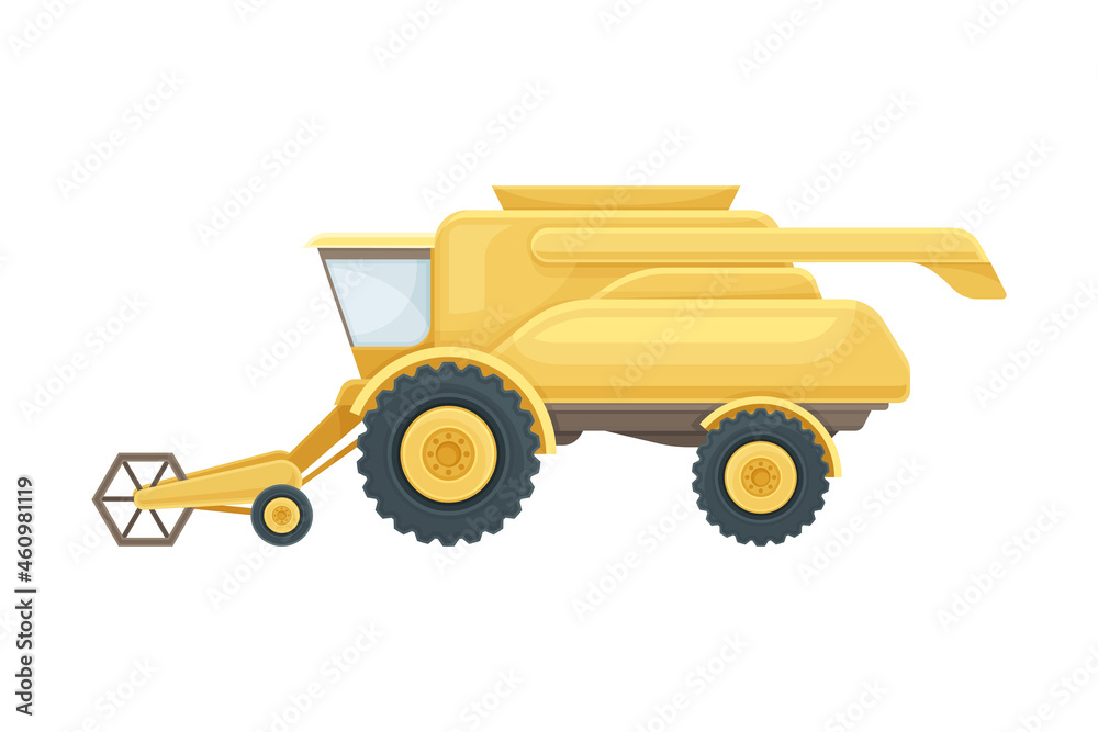 Obraz premium Yellow farm machinery industrial agricultural vehicle flat vector illustration
