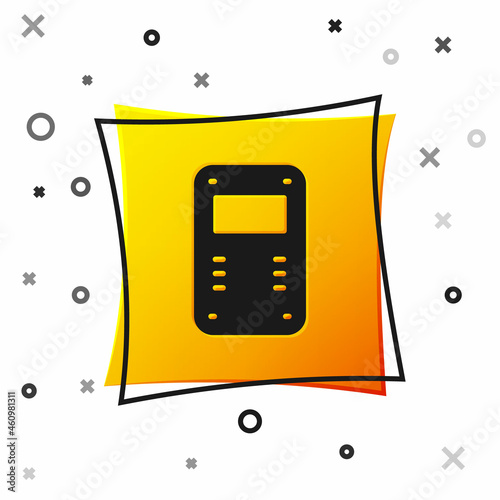 Black Police assault shield icon isolated on white background. Yellow square button. Vector