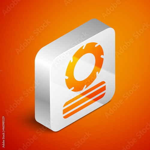 Isometric Lying burning tires icon isolated on orange background. Silver square button. Vector