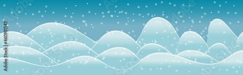 Winter landscape on a background of mountains, flat cartoon vector. Snow cover of the hills before the New Year, snowflakes on a frosty day.