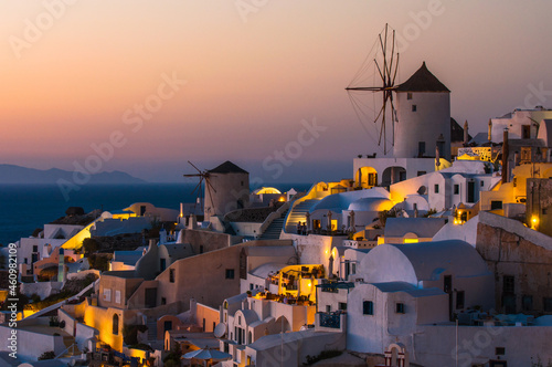 Sunset in the Santorini Archipelago in the city of Oia