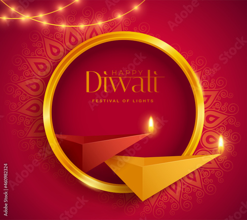Happy Diwali. Polygonal Indian Diya oil lamp design with round border frame. The Festival of Lights.