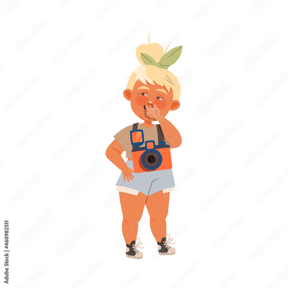 Cute stylish blonde girl in fashionable outfit standing with camera cartoon vector illustration