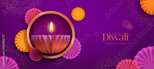 Happy Diwali. Paper graphic of Indian Diya oil lamp design with round border frame on Indian festive theme big banner background. The Festival of Lights.