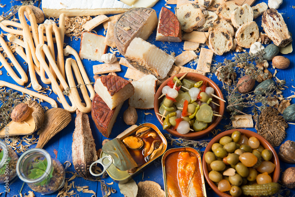 Assorted table of typical Spanish tapas to share with friends Stock