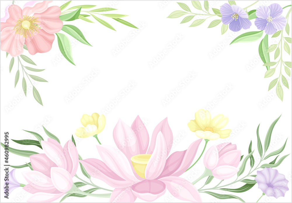 Card template with floral frame and space for text. Wedding invitation, postcard, poster, flyer with flowers in pastel colors vector illustration