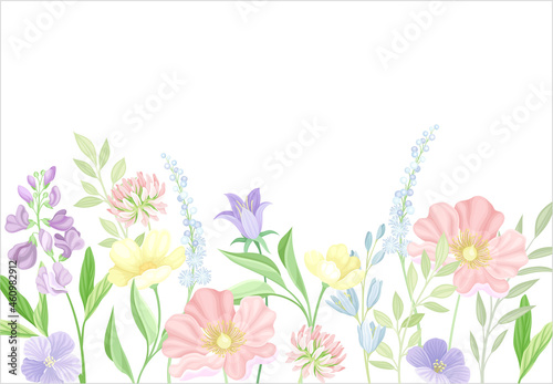 Greeting card with flowers. Wedding invitation, poster, flyer with flowers in pastel colors vector illustration © Happypictures