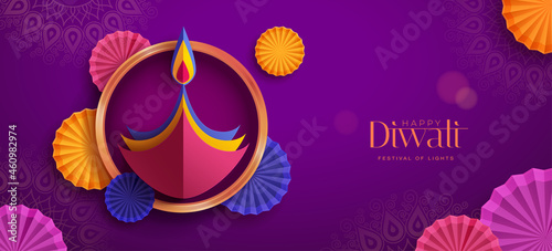Happy Diwali. Paper graphic of Indian Diya oil lamp design with round border frame on Indian festive theme big banner background. The Festival of Lights.