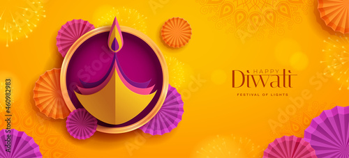 Happy Diwali. Paper graphic of Indian Diya oil lamp design with round border frame on Indian festive theme big banner background. The Festival of Lights.