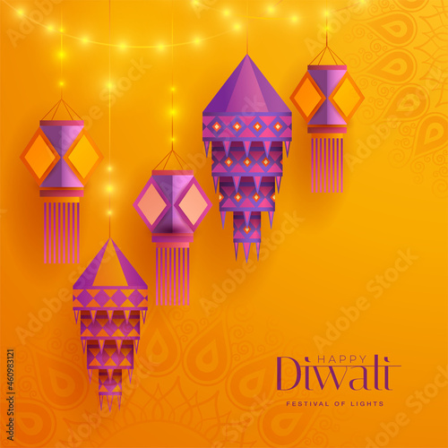 Happy Diwali. Group of paper graphic Indian lantern. The Festival of Lights.