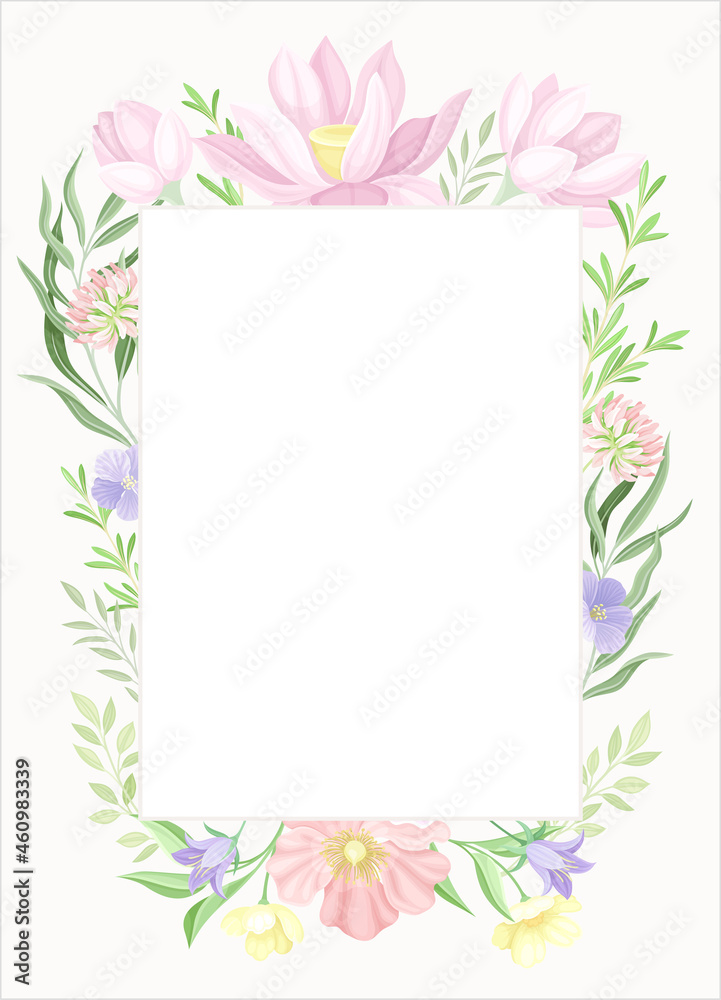 Card template with rectangular floral frame. Wedding invitation, postcard, poster, flyer with flowers in pastel colors vector illustration