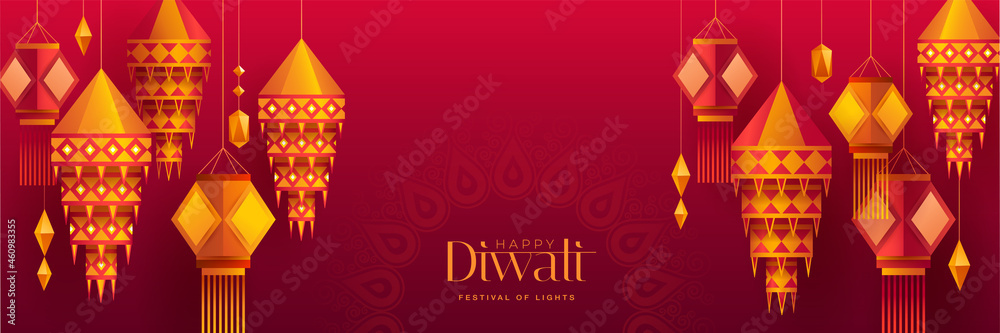 Happy Diwali. Group of paper graphic Indian lantern on Indian festive theme big banner background. The Festival of Lights. - obrazy, fototapety, plakaty 