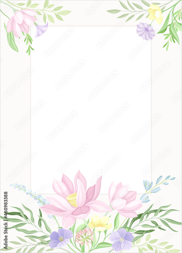 Greeting card with flowers in pastel colors. Wedding invitation, poster, flyer design vector illustration Greeting card with flowers in pastel colors. Wedding invitation, poster, flyer design vector illustration