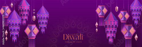 Happy Diwali. Group of paper graphic Indian lantern on Indian festive theme big banner background. The Festival of Lights.