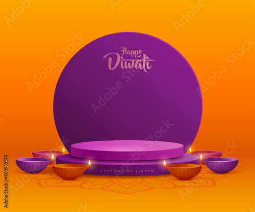 3D illustration of podium stage scene with Indian Diwali Diya oil lamp and round blank card. The Festival of Lights.