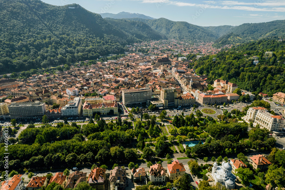 Panoramic view of the old town area of the city of Brasov, with a well-preserved medieval center. The city is one of the most popular highlights of Romania, dating back to the 13th century
