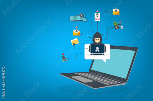 Hacker with laptop computer stealing confidential data, personal information and credit card detail. Hacking concept.	
